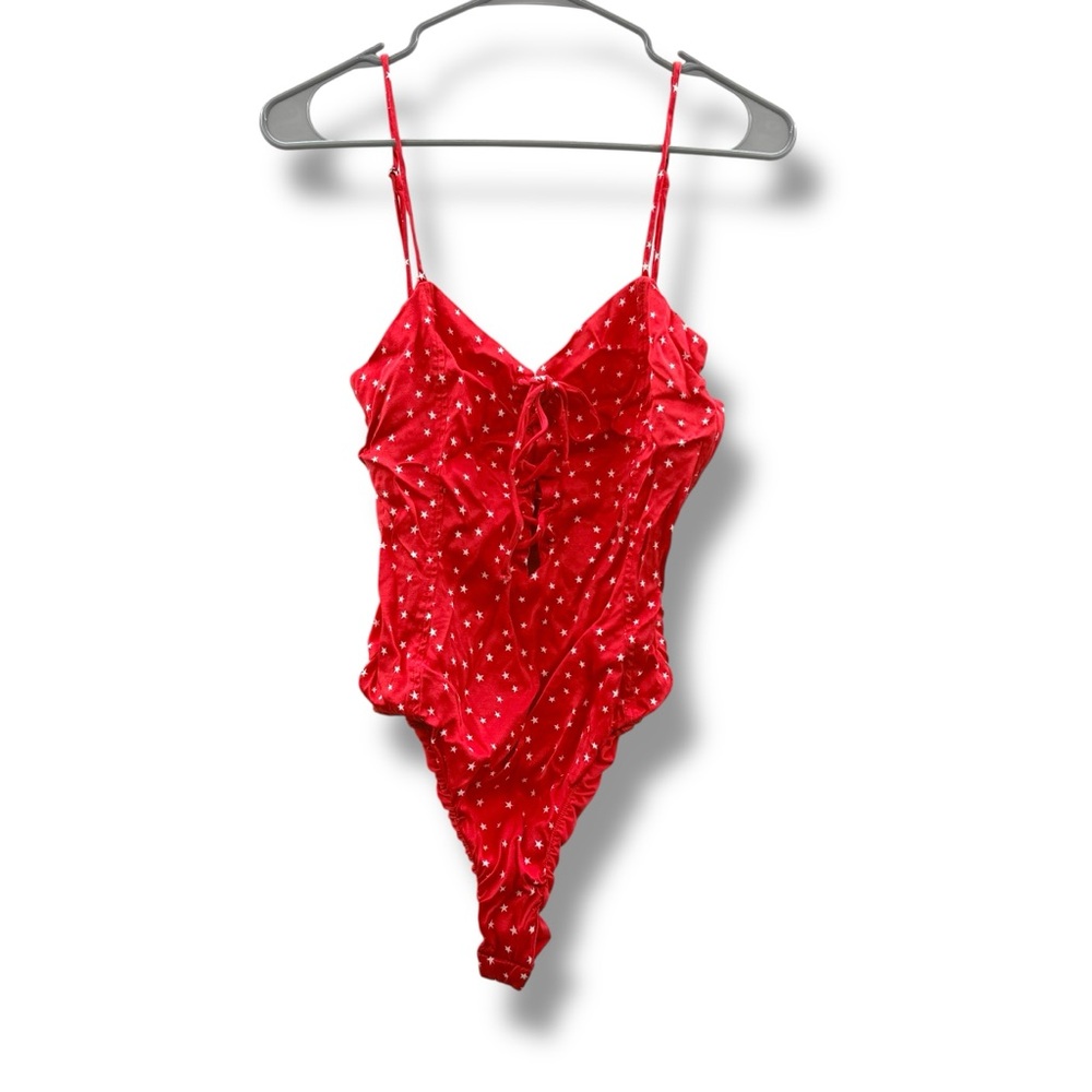 Zara Bodysuit Red & White Nautical Star Print Sleeveless Thong Bodysuit Sz L